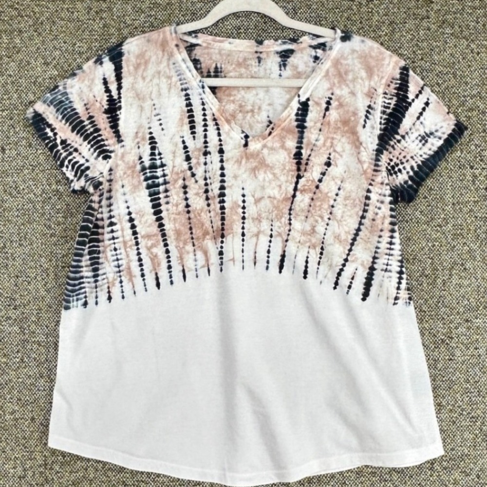Modern Preswick Moore Tie Dye Shibori V Neck Cotton Short Sleeve Top White XL